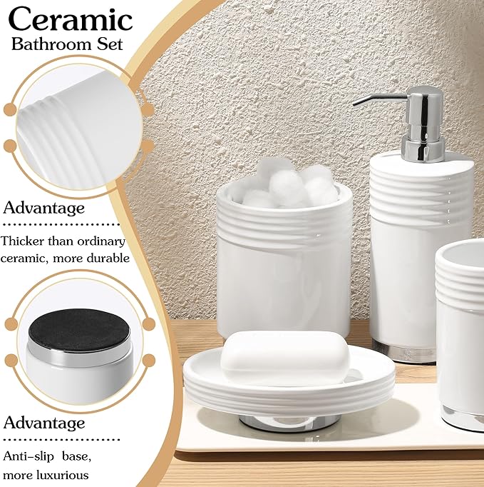 Bathroom Accessories Set 4 Pieces Ceramic Bathroom Accessory with Metal Base Set Contain Soap Dispenser Cotton Swab Jar Toothbrush Cup Soap Dish