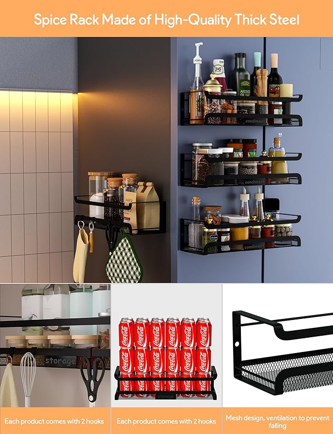 Spice Rack Wall Mount with Hooks - Spice Racks Organizer for Cabinet Storage, Wall Mounted Hanging Shelf Seasoning Organizer, for Kitchen, Pantry Door, Bathroom (Black, 4 Pack)