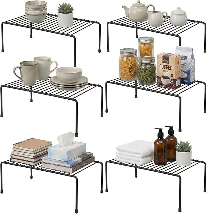 Evelots Kitchen Cabinet Wire Shelf Organizer/Rack - 6 Pack Sturdy Metal Shelf Risers - Double Your Counter Space - Great for Kitchen, Freezer, Pantry and Bathroom - Rustproof - Black