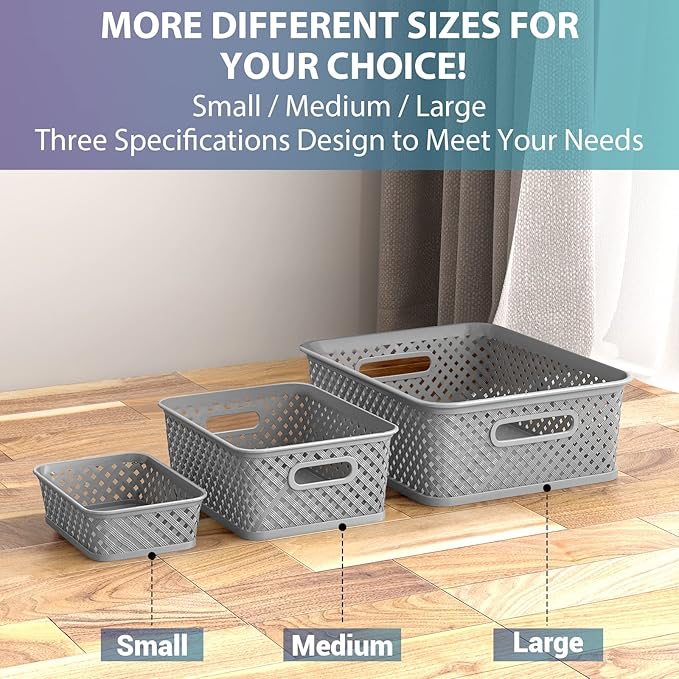 MaxGear Organization and Storage 3 Packs, Plastic Bins Organizer Bins, Woven Baskets for Storage, Plastic Baskets with Handles, Grey Basket for Organizing, Basket Organizer for Home and Office, Medium