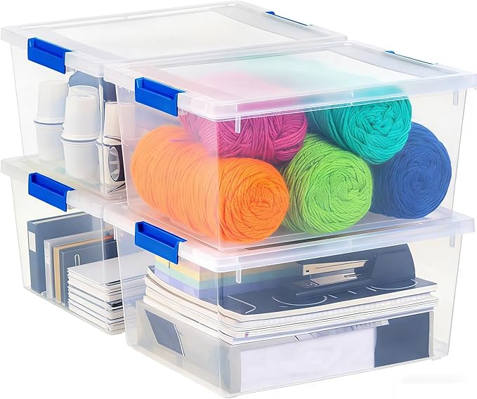 4 Pack 12 Qt Clear Plastic Storage Bins with Latching Lids, Stackable Totes with Built-in Handles, Sturdy Containers for Home, Office, Closet, Garage, Craft Organization