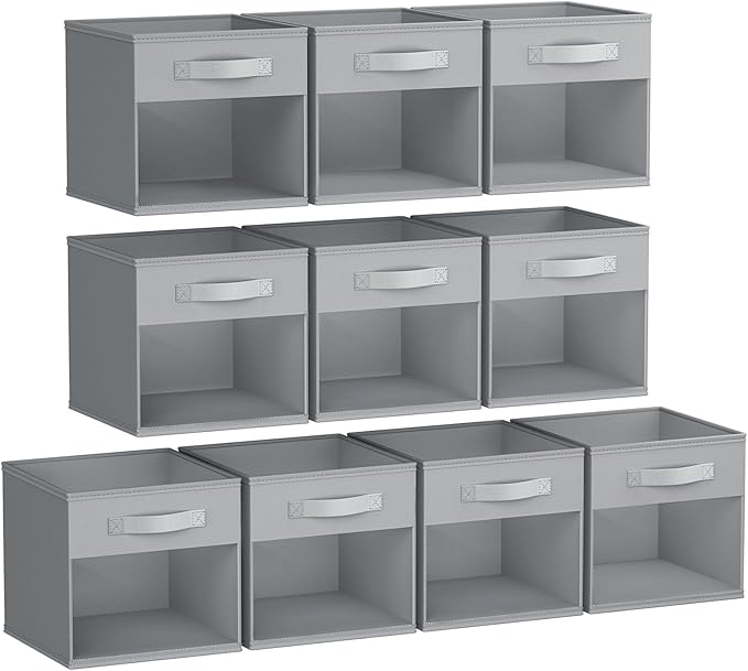 DIMJ Storage Cubes, Cube Storage Bin, 10 Pack Foldable Storage Cubes with Window, Closet Storage Bins with Handle, 11x 11 inch Storage Box for Clothes, Toys, Books (Grey)