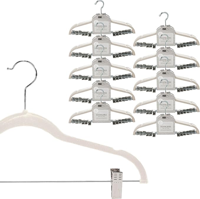 Simplify 60 Pack Velvet Hangers with Clips | Skirt and Pants | Slim Space Saving | Closet Organization | Non-Slip | Prevent Creases | Swivel Neck | Durable | Ivory