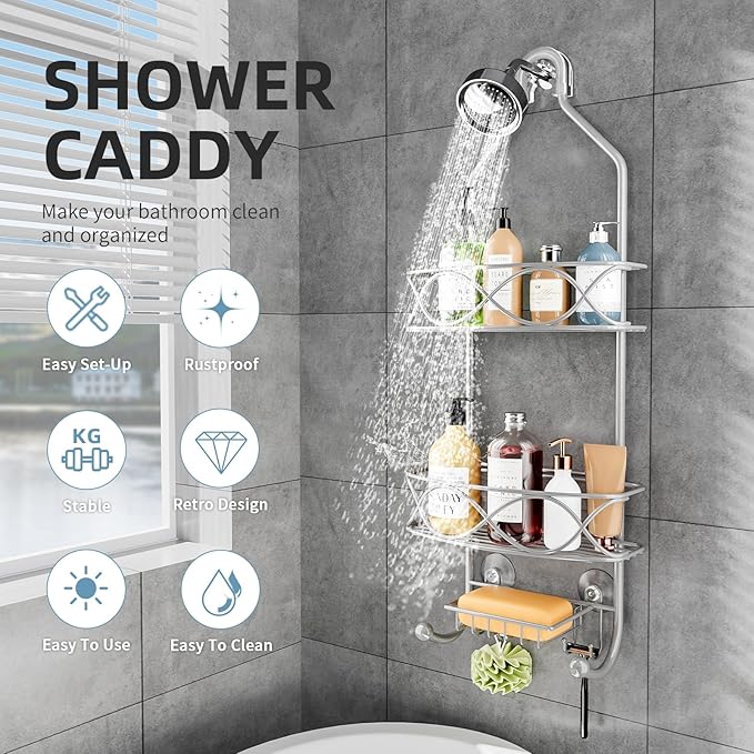 Shower Caddy Hanging 3 Tier with Two Movable Baskets, Grey Shower Caddy with Hooks for Towels, Sponge and More