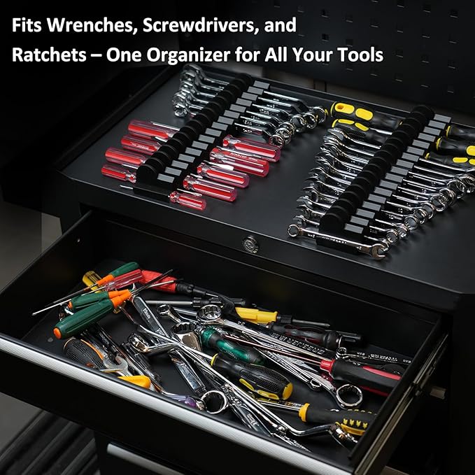 80 pcs Modular Wrench Organizers for Tool Drawers - Wrench Rack with Metric & SAE Labels, Perfect Tool Storage Holder. Gift for father, brother and boyfriend (No Magnet, Black)