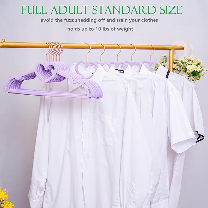 Velvet Hangers 20 Pack, 360° Swivel Rose Gold Hooks, 16" Non Slip Heart Hanger, Thin Clothes Hangers, Durable & Cute Felt Hanger for Adult (Light Purple)
