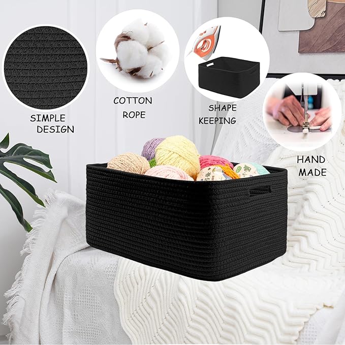 COMFY-HOMI 3 pcs Large Storage Baskets for Shelves, Laundry Basket, Woven Rope Basket, Closet Organizer Bins for Clothes Blanket Towels, Baby Nursery, Gift Toy Baskets, 17” x 13” x 7.5”-Black