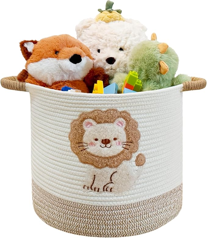 Toy Storage Basket(12"x12"), blanket basket, Cotton Rope Woven Laundry Hamper with Cute Embroidered Lions for Nursery, Living Room, Laundry (Lion)