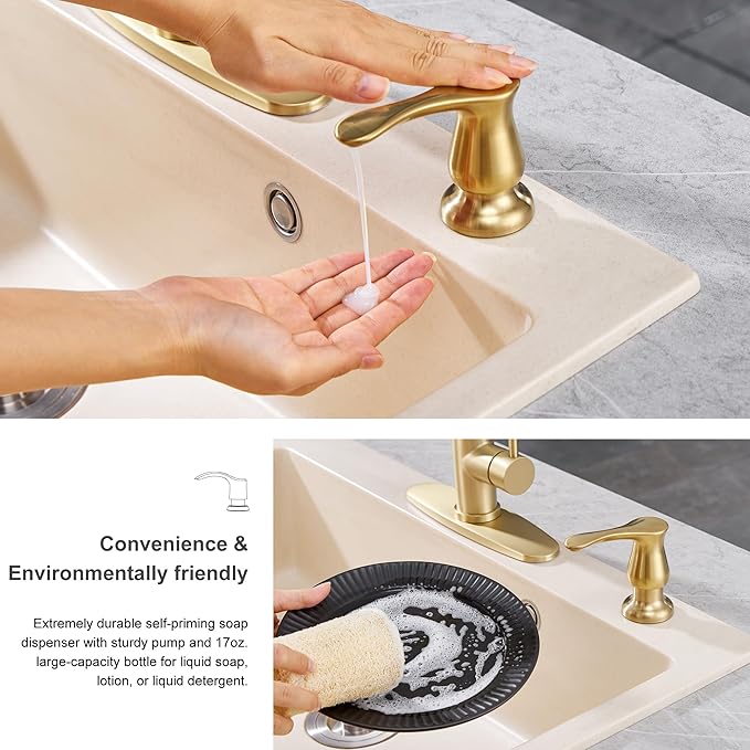 GAGALIFE Kitchen Sink Soap Dispenser Gold, Built in Soap Dispenser with 17 OZ Bottle, Refill from The Top, Liquid Dispenser for Kitchen Sink