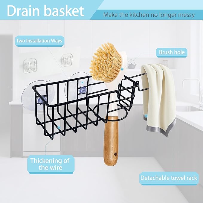 Sponge Holder with Dish Cloth Hanger for Kitchen Sink, In-sink Caddy Organizer with Suction Cups & Adhesive Strips, Rustproof Sponge Rack for Soap, Brush, Scrubber - Black（3 Pack）