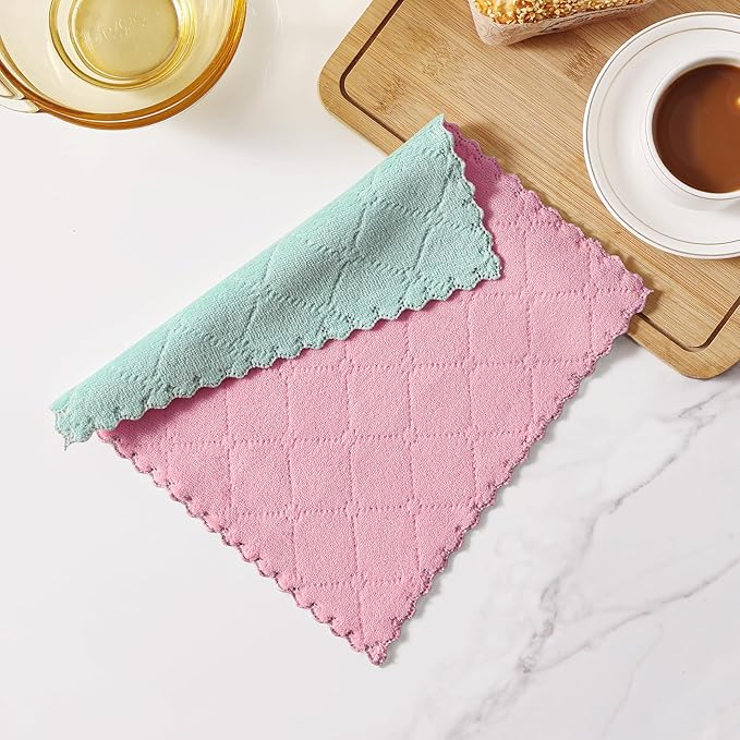 Homaxy 12 Pack Kitchen Cloths Dish Towels (10" x 10", Dark Green & Pink), Super Soft and Absorbent Dish Cloths, Coral Velvet Microfiber Cleaning Cloth, Nonstick Oil Fast Dry Dishcloths