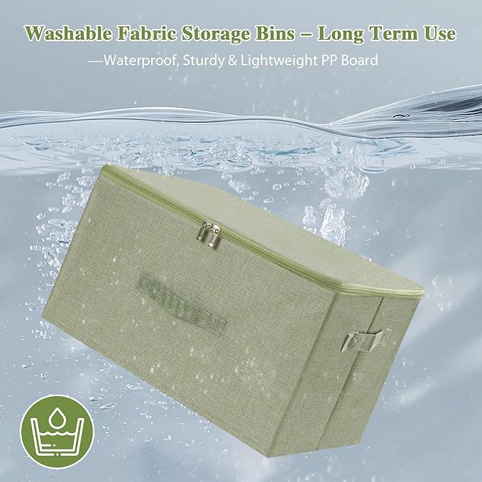 ANMINY Storage Bins with Zipper Lids 13 Qt Lidded Fabric Storage Boxes Baskets Cubes with Handles Collapsible Washable Cotton Linen Closet Shelf Clothes Organizer Containers - Green, Small