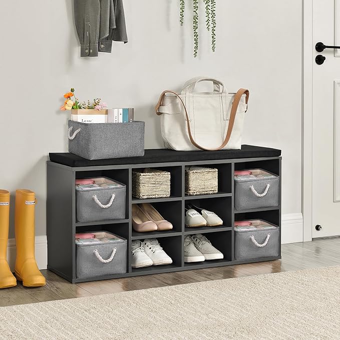 Storage Bins with Sturdy Cotton Handles(1 Pack), Fabric Storage Baskets for Organizing use for Office & Home, Book, Clothes, Toys, Closet Boxes (Medium, Grey, 14.2x10.2x7.1 inches)