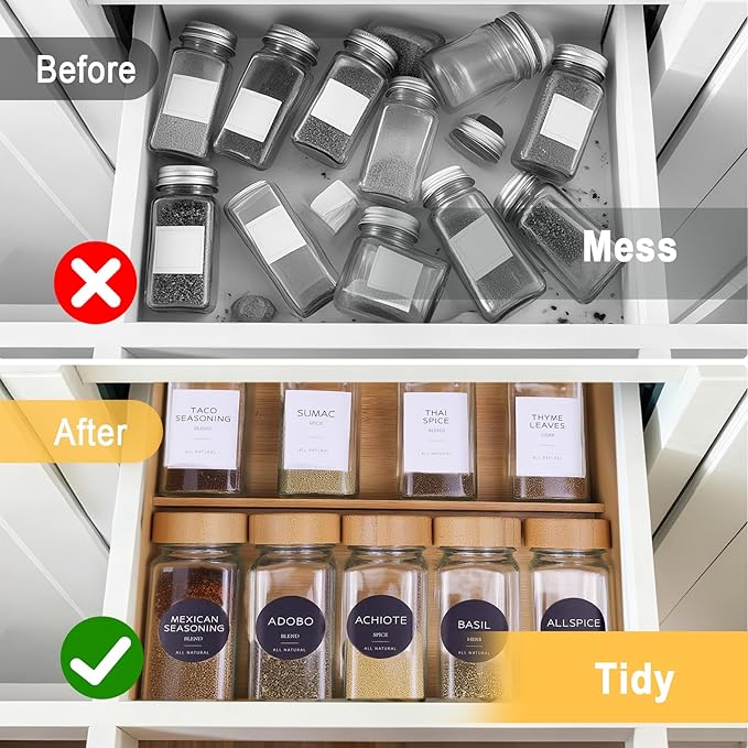 Bamboo Spice Rack for Drawer with 12 Jars,4 Tier Stackable Seasoning Storage Organizer Insert,for kitchen condiments storage insert（Combined Size:18.9" D x 9.5" W x 1.8" H）