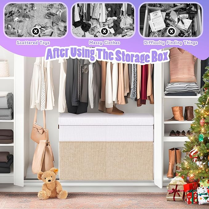 Large Toy Storage Box with Lid Divider, Sturdy Collapsible Toys Organizer Chest Kids Storage Bins Boxes Baskets for Boys, Girls, Nursery, Bedroom, Living Room, Playroom, 25"x13"x16", Beige and White
