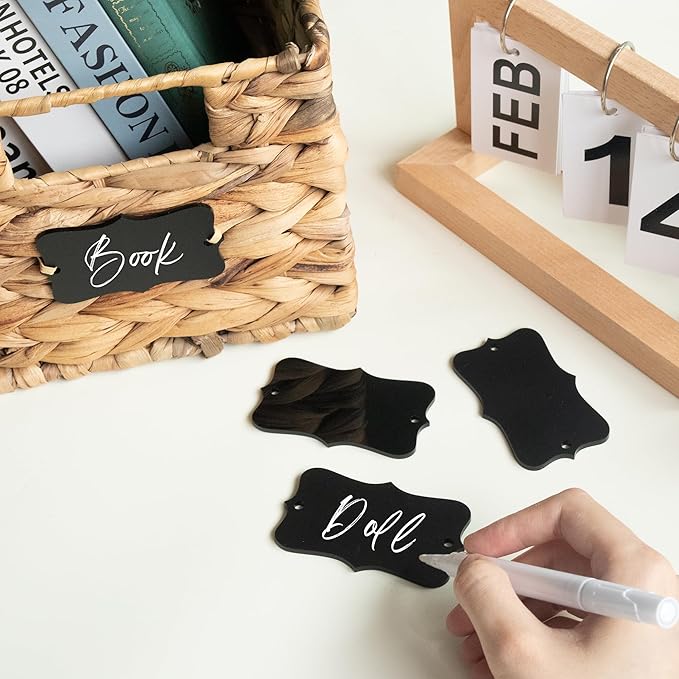 Temlum 18 Pcs Acrylic Basket Labels, Storage Tags with Chalk Marker Removable Label for Wire, Wicker, Woven Baskets & Pantry Storage (Wavy Shape 01, Black)
