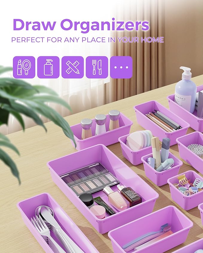 25 PCS Plastic Drawer Organizers Set, 4-Sizes Vanity and Makeup Organizer, Desk and bathroom Drawer Organizer Trays, Organizers and Storage for Makeup, Jewelry, Gadgets, Utensils (Purple)