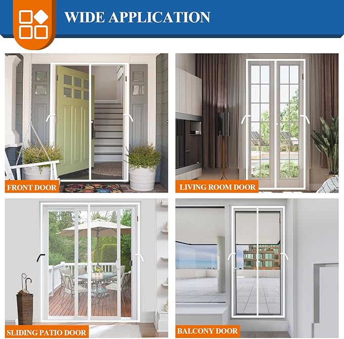 Magnetic Screen Door White, Fits 30'' x 80'' Door, Tear-Resistant High-Density Fiber Mesh, Keep Annoying Creatures Out, Pet Friendly, Easy Install with Strong-Adhesive Hook&Loop, Enjoy Beauty Sunshine