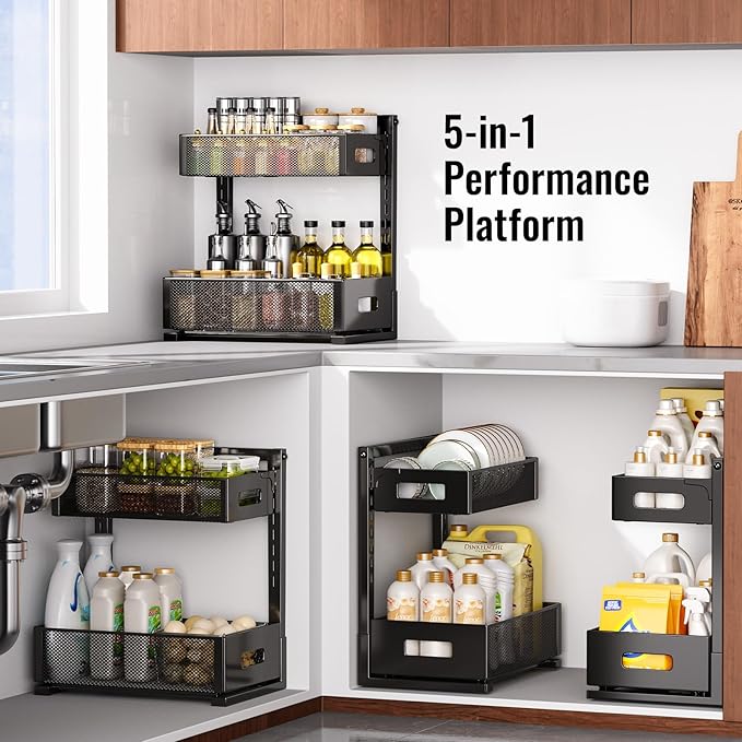 TISTAYA 2 Pack Under Sink Organizer and Storage, Metal Under Kitchen Sink Organizer, Slide Out Bathroom Organizers and Storage, Undersink Organizers for Kitchen Bathroom Cabinet