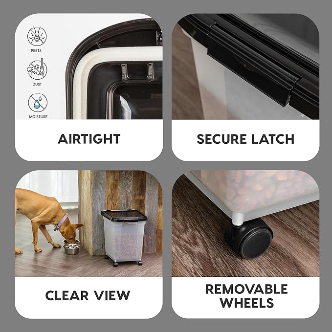 IRIS USA Airtight Dog Food Storage Container, WeatherPro, Up to 25 lbs, Removable Wheels, for Dog Cat Bird and Other Pet Food Storage Bin, Keep Fresh, Translucent Body, Made in USA, Clear/Black