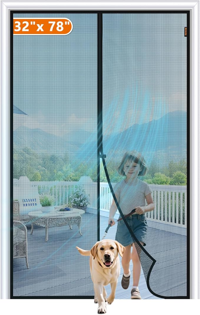 MAGZO Magnetic Screen Door Fit Door Size 32 x 78 Inch, Screen Size 34" x 79" Strong Magnet Door Mesh with Reinforced Hook & Loop for Patio Door, Front Door, Doorway, Black