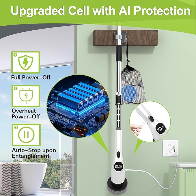 WKY-Electric Spin Scrubber - Upgraded 10-in-1 IPX7 Waterproof Shower Scrubber, Retractable Handle & 2-Speed for Toilet, Bathroom, Bathtub, Tile Floors White