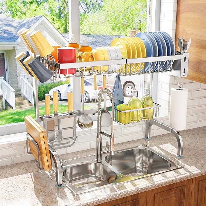 SAYZH Over The Sink Dish Drying Rack, Adjustable (25.5 to 33.5 inch) 2 Tier Metal Steel Dish Drying Racks for Kitchen Counter with Hooks Paper Towel Utensil Cup Holder Sink Caddy (Silver)