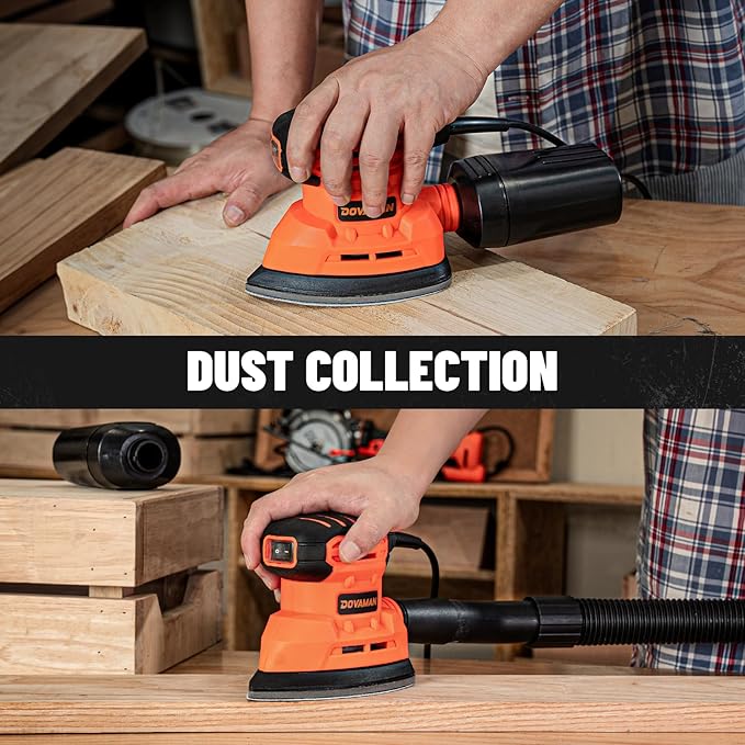 DOVAMAN DLS03A Detail Sander, 130W Palm Sander Tool, Dust Collection System, 12PCS Sandpaper, 12000RPM Compact Hand Tool for Wood Steel Surfaces