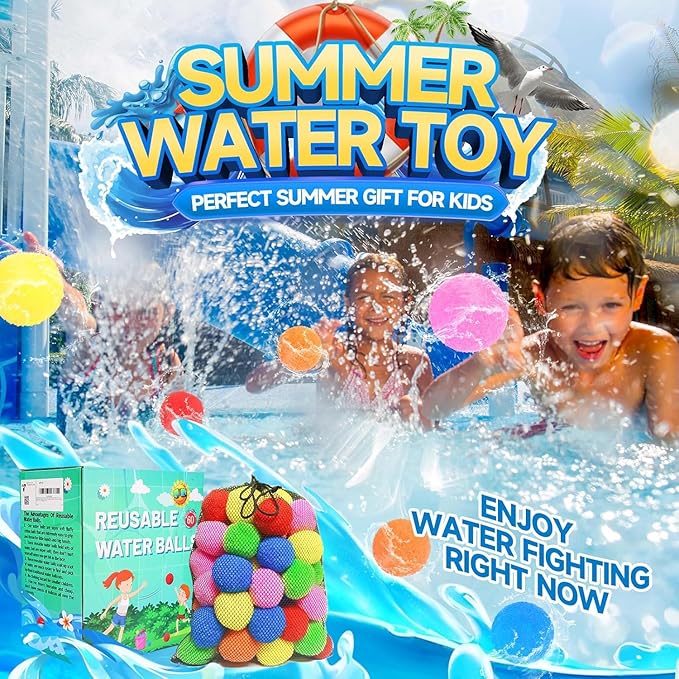 Water Balls Quick Fill Water for Pools, Fighting, Water Companions, Water Balloons for Outdoor Family, Friends, Backyard Summer Splash Party Gift (60pcs - Reusable Sponge Water Balls)