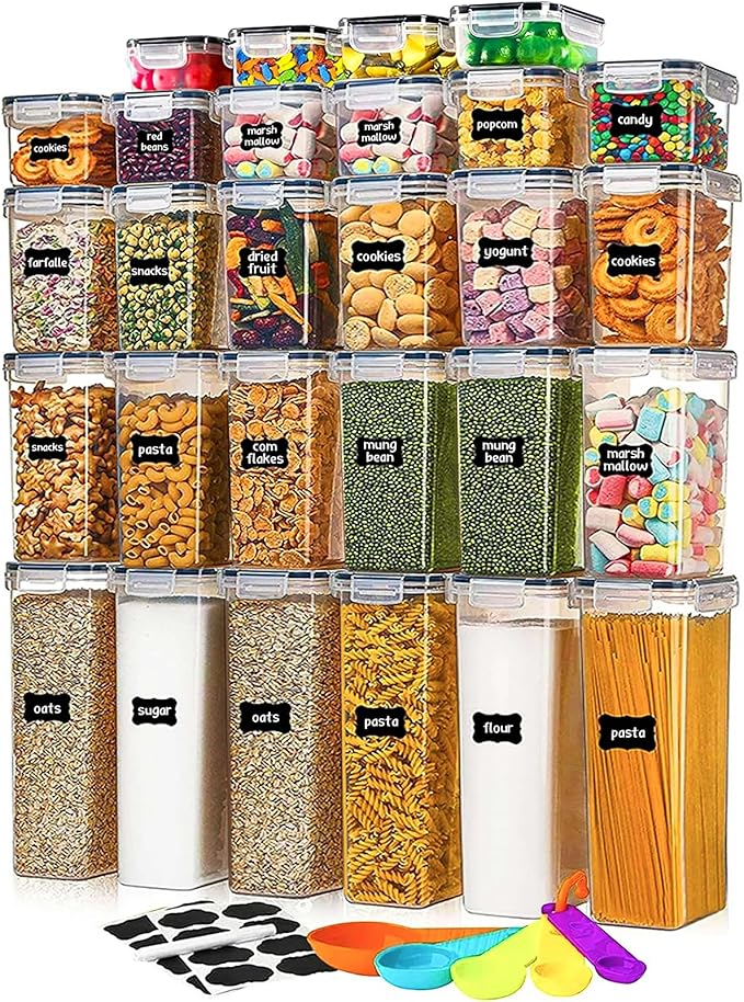 stusgo 28 Pack Airtight Food Storage Containers with Lids, BPA Free Clear Pantry Storage Container for Kitchen Food Pantry Organizers and Storage, Plastic Pantry Organiser for Cereal,Flour and Sugar