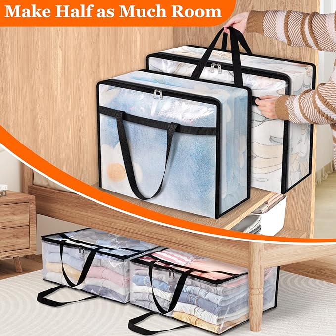 4 Pack Clear Storage Bags for Comforter, Clothes & Bedding, Plastic Blanket Storage with Zipper and Handle, Moving Bags, Closet Organizer and Under-Bed Storage (40L)