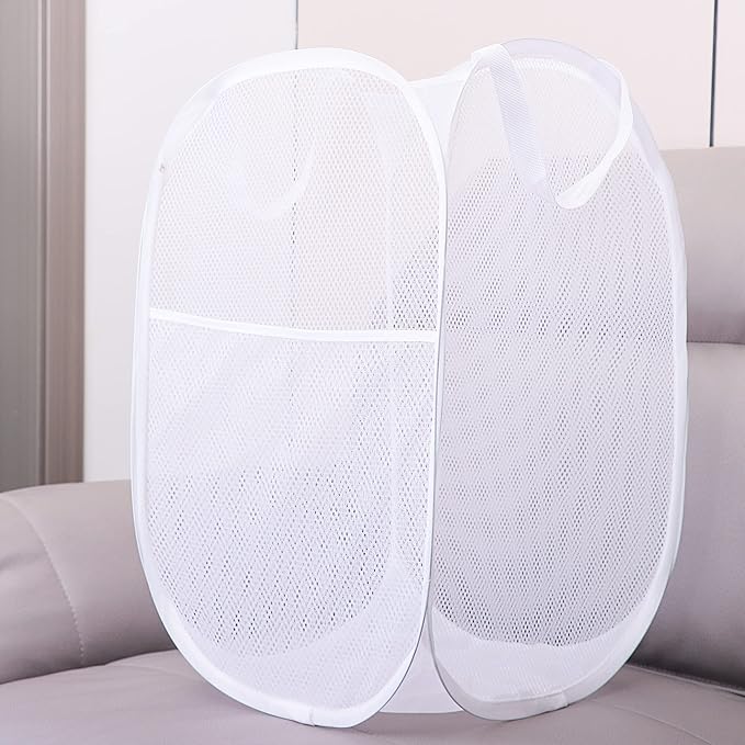 2 Pack Laundry Basket,Foldable Mesh Popup Laundry Hamper with Durable Handle,Easy to Open and Fold for Dorm, Laundry Room, Bedroom, RV(White+ White)…