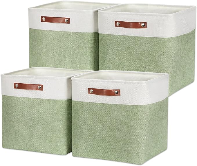 HNZIGE Collapsible Fabric Storage Cubes 13x13x13 Set of 4 Decorative Storage Basket Bin with Handles Storage Cube Basket for Organizing Clothes, Toys, Closet, Nursery(Green White)