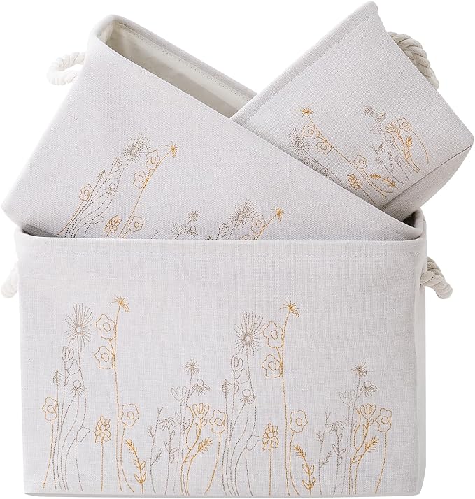 Storage Basket 3 Pack, Fabric Storage Basket for Three Sizes，Floral embroidery,Collapsible Canvas Storage Baskets for Organizing,Shelf,Nursery,Home,Closet,with Cotton Rope Handle(Off White-3PCS)