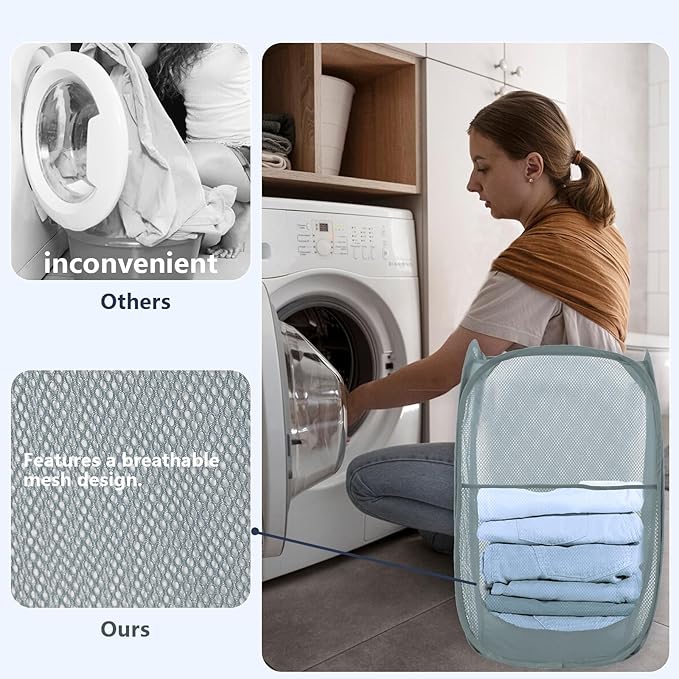 LXLOVESM Pop Up Laundry Hamper, Mesh Laundry Basket Collapsible, Foldable Hamper for Travel and Storage (Grey)