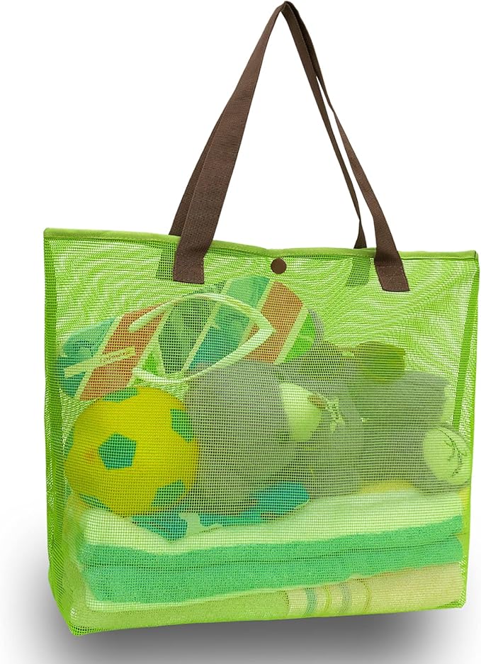 2Pack Large lightweight Simple Mesh Beach Tote Bag With snap Button Reusable Pool Bag for Outdoor Travel Shopping Gym