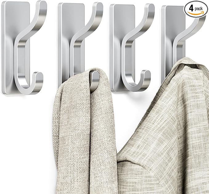 niffgaff Wall Hooks for Coat and Towel: 13lb Adhesive Door Hanger Stick On, Sticky Hook for Wall, Closet, Bathroom - Silver, 4 Pack