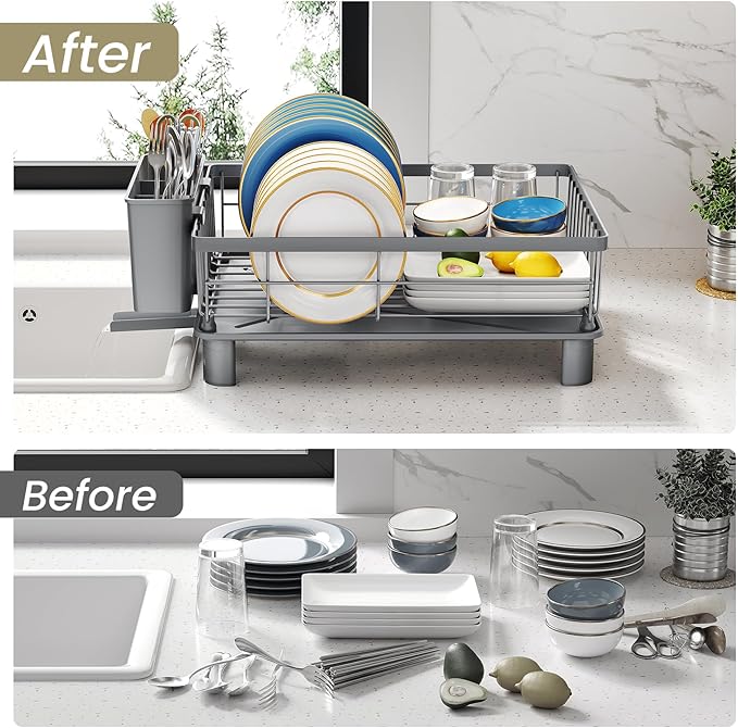 SNTD Dish Drying Rack - Small Dish Rack for Kitchen Counter, Stainless Steel Dish Drainer with Utensil Holder and Drainboard, 11" W x 15" L (Grey)