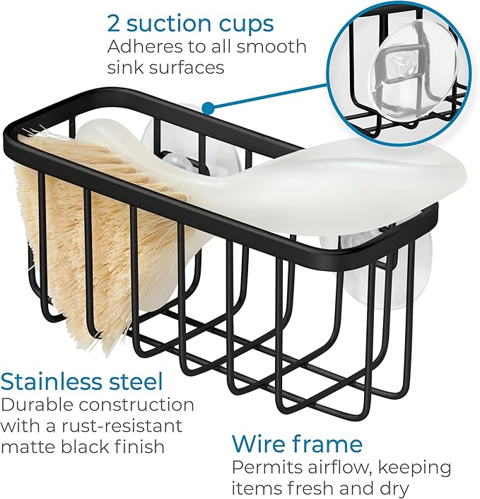 iDesign Stainless Steel Suction Sponge Holder - Kitchen Sink Sponge Caddy Organizer - Matte Black