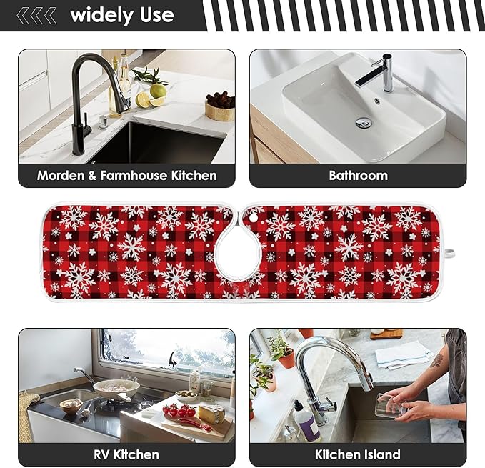 2 Pack Faucet Splash Catcher Checkered Snowflake Sink Mat for Faucet Absorbent Kitchen Splash Guard Drip Catcher for Farmhouse Barthroom Bar, S