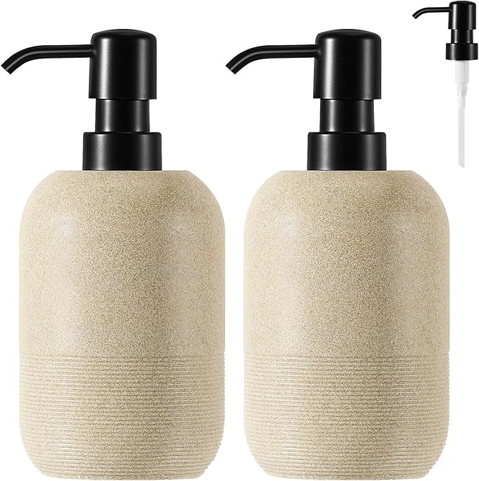 Luxspire 2 Set Soap Dispenser Cylinder-Shaped Resin and Gravel Liquid Soap Dispenser with Pump, 450ml Shampoo Container, Decorative Hand Soap Bottle for Bathroom, Kitchen and Hotel, Beige