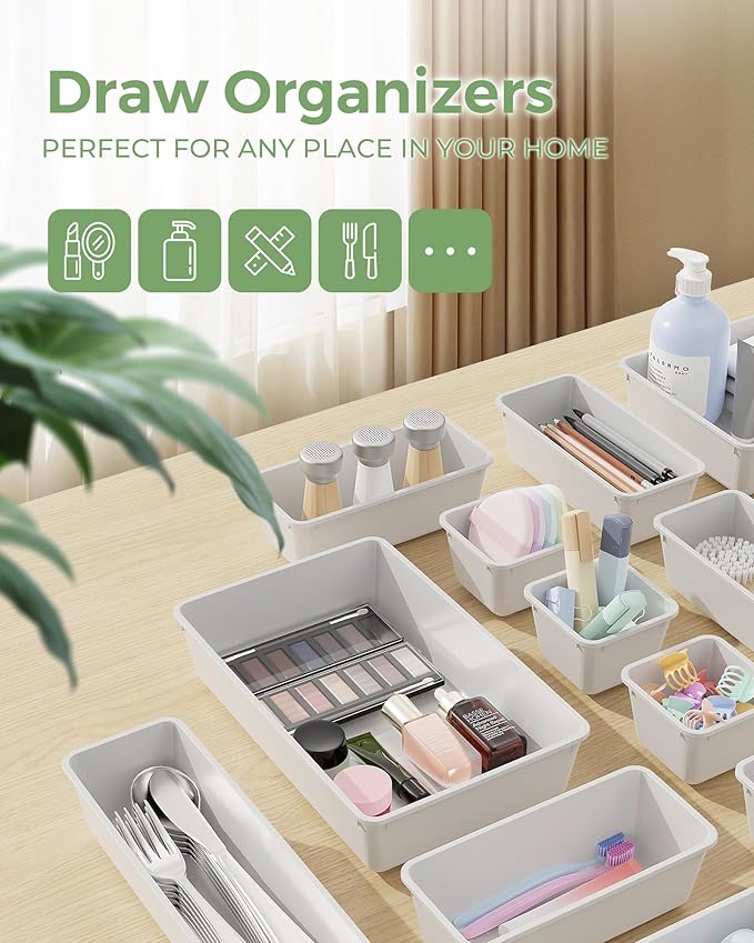 25 PCS Plastic Drawer Organizers Set, 4-Sizes Vanity and Makeup Organizer, Desk and bathroom Drawer Organizer Trays, Organizers and Storage for Makeup, Jewelry, Gadgets, Utensils (White)