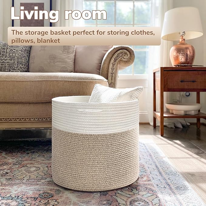 Goodpick Woven Rope Basket 15.8 x 13.8 inches, Toy Storage for Organizing, Blanket Basket Living Room, Toy Bin for Playroom, Light Brown