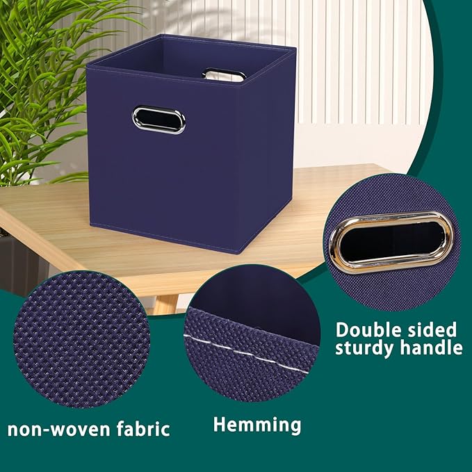 Black Foldable Storage Cubes Bins, Fabric Storage Box Cubes Organizer Baskets with Dual Handles for Home Organizer,Set of 3,(Navy Blue)