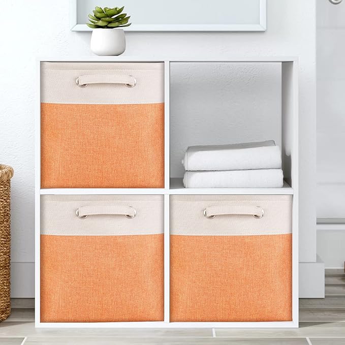Fabric Cube Storage Boxes Foldable Storage Bins 13-Inch Orange and Beige Patchwork Storage Baskets Cube Storage Bins with Handle Cube Inserts Storage for Home and Office Supplies 3 Pcs/Pack, Sy-1
