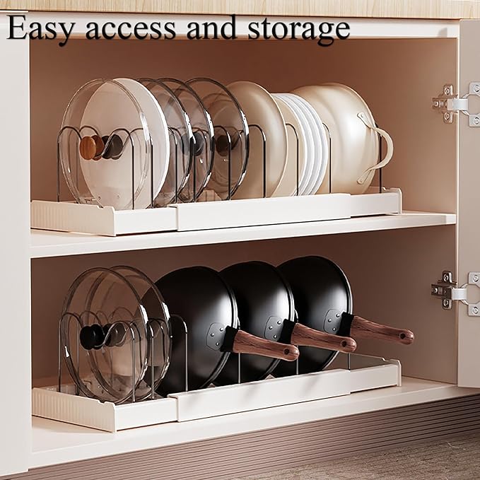 Pots and Pans Organizer Under Cabinet 10 Adjustable Dividers Expandable Pot Pan Lid Holder Organizers Rack inside Cabinet for Kitchen Storage Cookware, Cutting Boards, Lid, Dishes,White