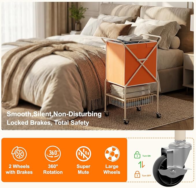 Convenient Laundry Basket with Wheels,36" High Easy Rolling Laundry Cart with Wheels,Heavy Duty Dirty Clothes Laundry Hamper with Handles Removable Bag for Seniors,Folding Metal Frame/Orange/98L