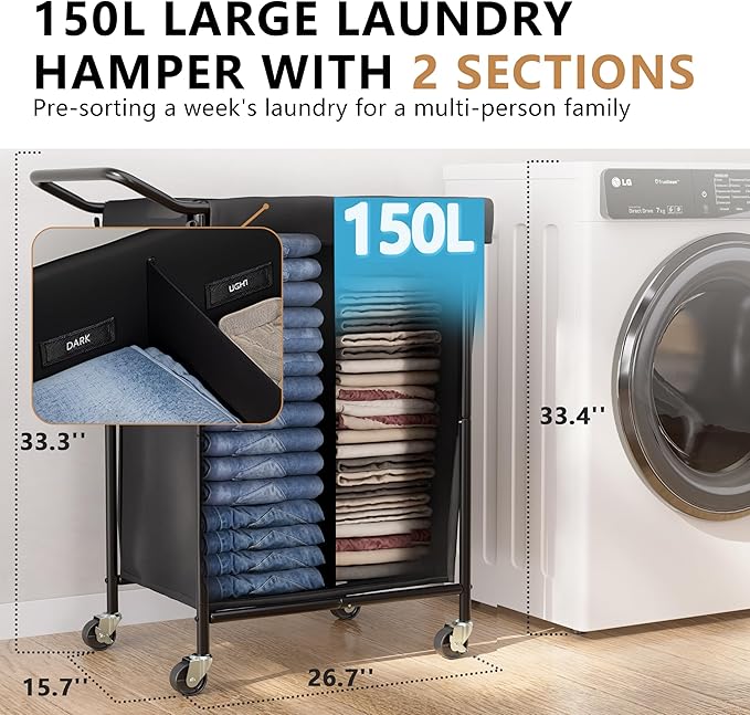 150L Laundry Basket with Wheels, Double Rolling Laundry Hamper with Metal Frame and Removable Bag, Dirty Clothes Hampers for Bedroom, Bathroom, Dorm Room, Black