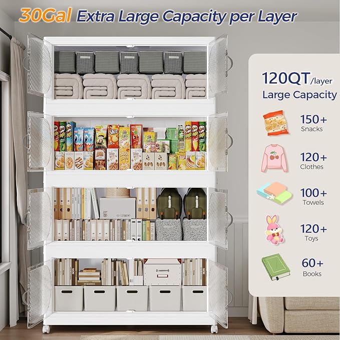 360QT Extra Large Stackable Storage Bins with Lid, 90Gal Plastic Closet Organizers and Storage Drawer, Collapsible Cabinet Box with Wheels Clear Doors for Home Kitchen Office, 3Pack White