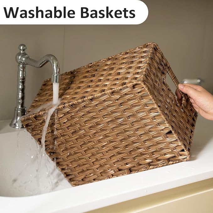 Wicker Baskets 2 Pack, Wicker Storage Basket with Handles, Waterproof Woven Baskets for Organizing, Large Storage Basket 15" and Medium 14", Brown